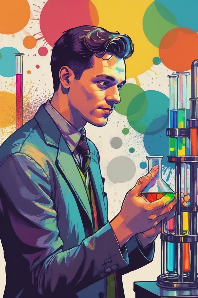Artificial Intelligence (AI) generated image art, (man), ( ( dither ) ), portrait, editorial illustration young scientist pouring colorful liquid into multicolored test tubes, scientist in a lab, modern art deco, colorful
