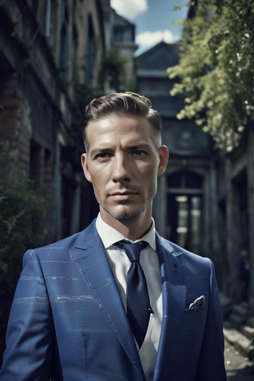 Artificial Intelligence (AI) generated image art, man, portrait, Shot on Hasselblad H6D-400c lens, copy Sisley Spring Summer 2014 campaign session with more of a vogue or fancy gentleman style clothes, ultra high definition, ultra-realism, (futuristic) ultra realistic, young, handsome, gentleman