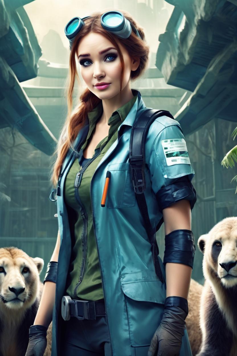 Artificial Intelligence (AI) generated image art, woman as beautiful cute post apocalypse veterinarian, in the zoo, futuristic, illustration