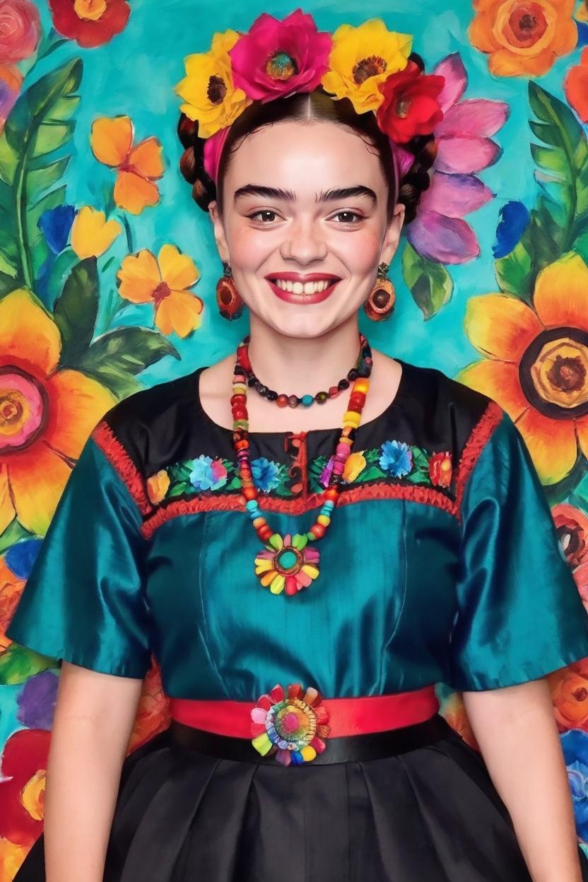 Artificial Intelligence (AI) generated image art, woman, in the style of Frida Kahlo, beautiful, joyful, colorful.