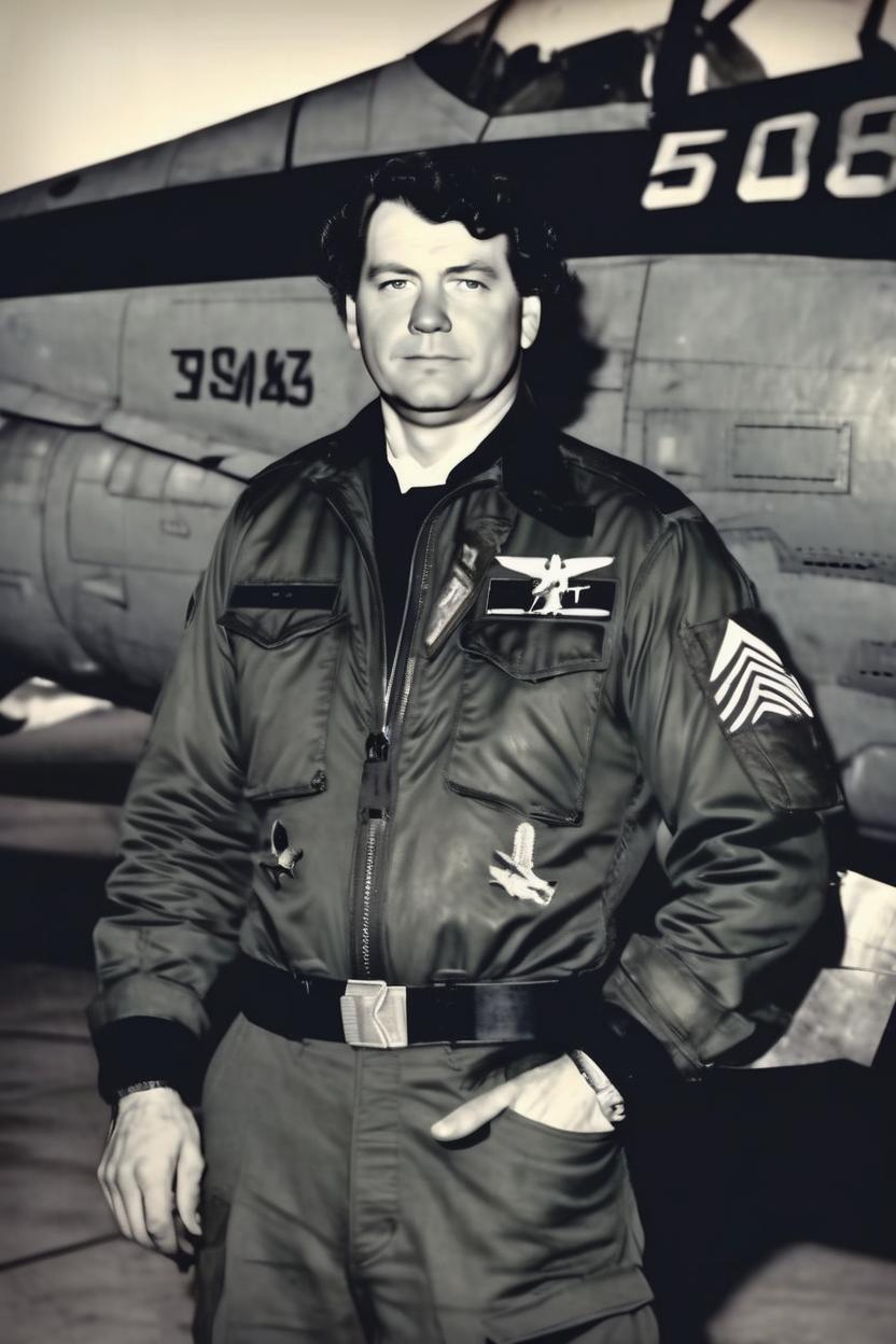 Artificial Intelligence (AI) generated image art, man, portrait), ((((full body)))), 1940s WAC, army, adventure, pulp novel, WWII propaganda, he is standing in front of a fighter jet F16, he is 44 years old, art by Greg Rutkowsi, highly detailed, sharp focus, 4k, black hawk helicopter background, Airforce uniform, wartime