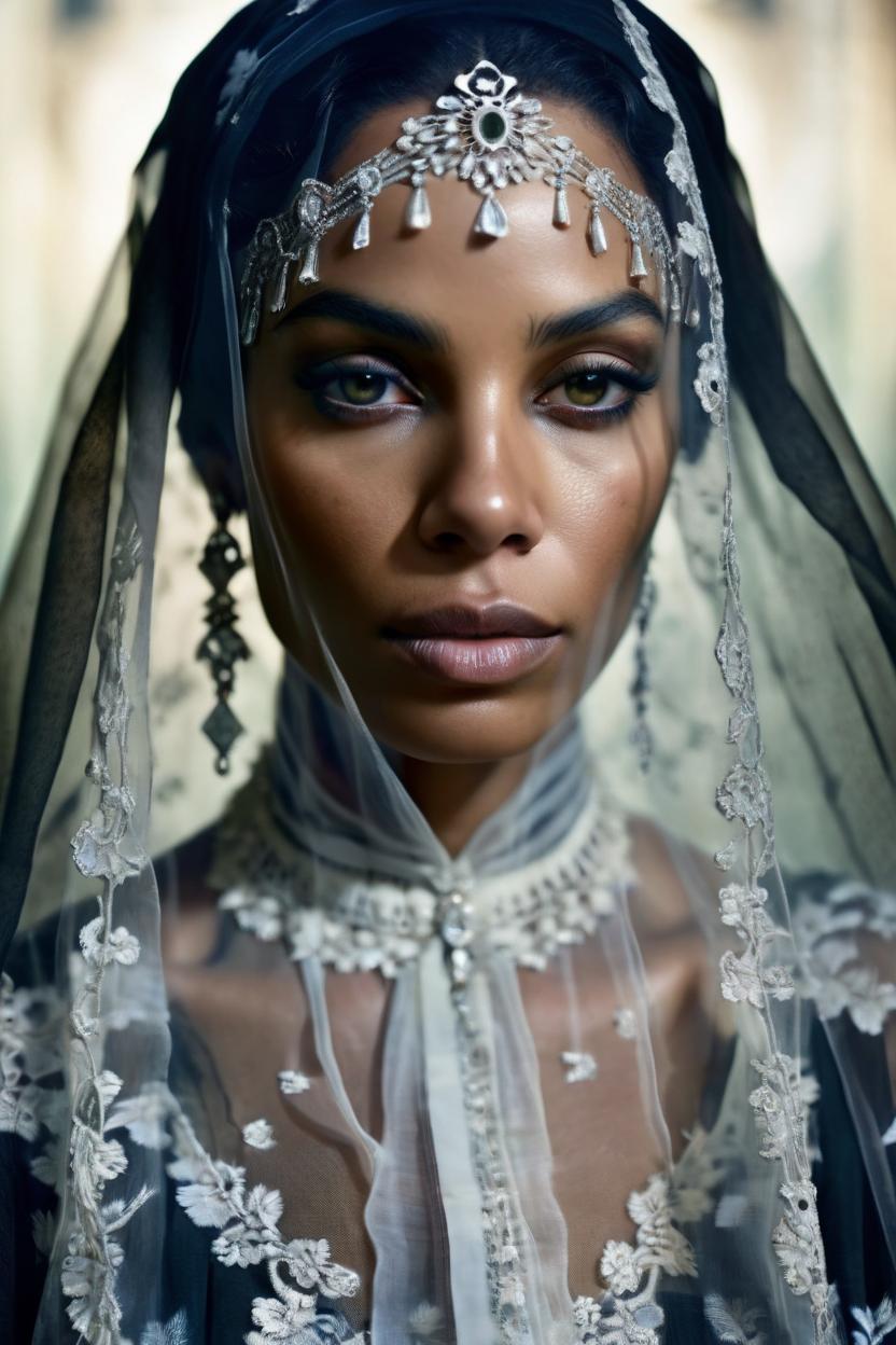 Artificial Intelligence (AI) generated image art, woman, portrait, stunningly beautiful ghostly haunting, with a veil in soft light, depth of field, zeiss lens, detailed, symmetrical, centered, fashion photoshoot, by annie leibovitz and steve mccurry, david lazar, jimmy nelsson, breathtaking, 8 k resolution, extremely detailed, beautiful, establishing shot, artistic, hyperrealistic, beautiful face, octane render