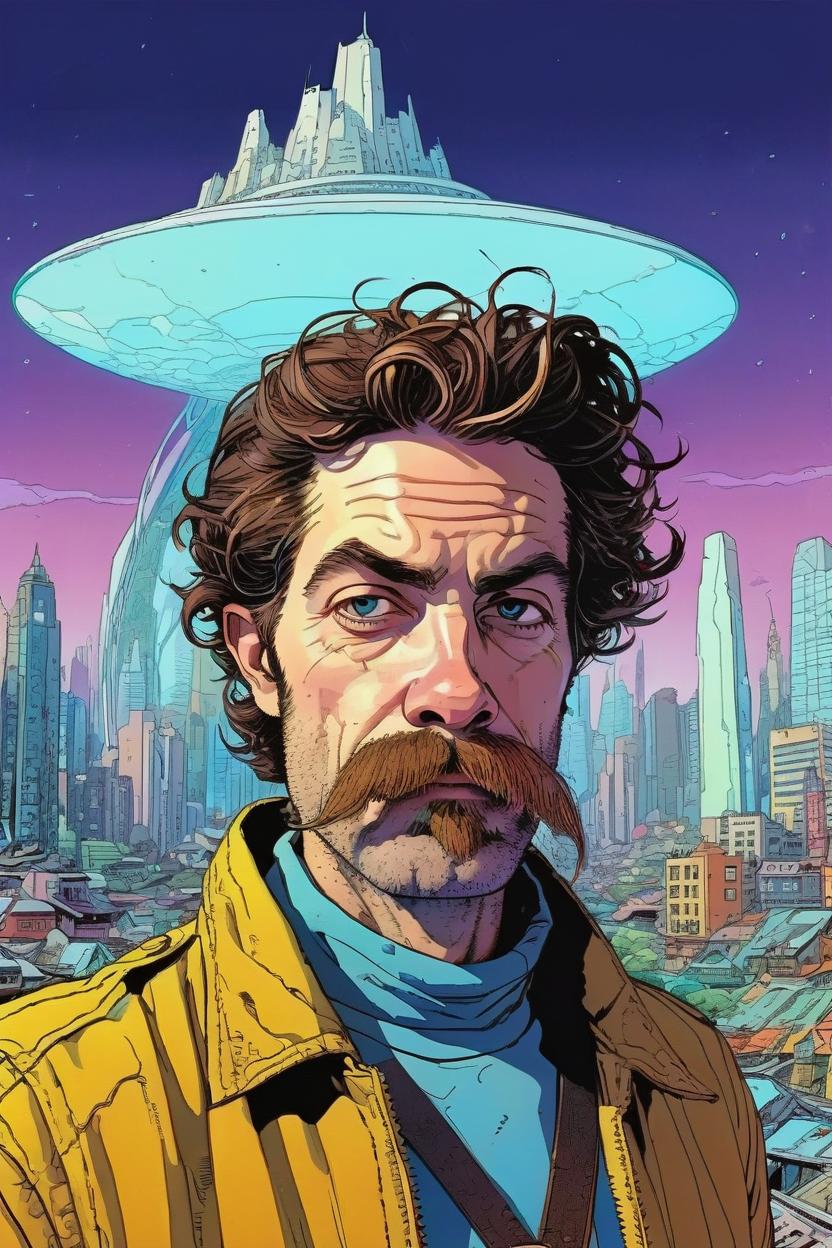 Artificial Intelligence (AI) generated image art, man with no mustache, (moebius comic book style), portrait, scifi city landscape, illustration, comics
