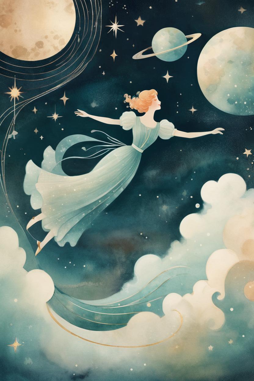Artificial Intelligence (AI) generated image art, man, A delicate illustration depicting a whimsical scene of an elegant art deco-inspired figure gracefully drifting through the serene expanse of outer space, rendered with a soft, sweet aesthetic that captures the beauty of cosmic tranquility and ethereal movement, blending vintage design elements with a dreamlike celestial landscape.