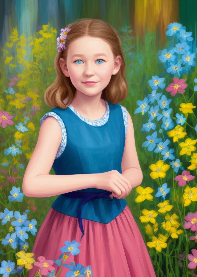 Artificial Intelligence (AI) generated image art, person, ((portrait)), beautiful short sandy blonde haired girl with child like blue eyes, she is innocence, she is purity, she is precious, highly detailed illustration, in a garden holding a bunch of colorful eye-catching wild flowers, deep focus, she is 9 years old, magical art, artistic intricate, elegant, highly detailed, digital painting, artstation, concept art, matte, sharp focus, (accurate portrait of person) (real likeness to person)
hyper focus illustration, hearthstone, art by artgerm and greg rutkowski and alphonse mucha and marco mazzoni, vibrant colors, orange, yellow, pink, green, purple, blue, clouds, pink, black, yellow and red colors faintly peek in bursts throughout the background in hollowgraphic prisms, forget me not flowers are in person's hair, (person) (realistic portrait) ferns and fiddlesticks in background amongst the flowers.