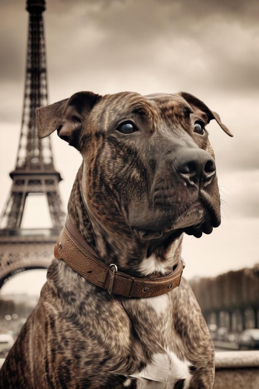 Artificial Intelligence (AI) generated image art, dog, (((portrait))), close-up, photography, photorealistic, 8k, moody, sepia filter, Eiffel tower in background