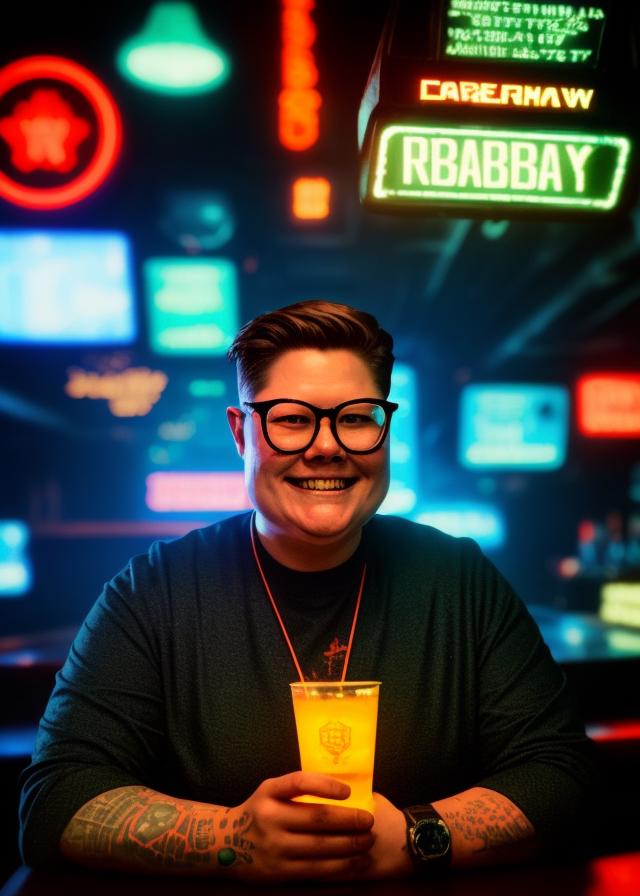 Artificial Intelligence (AI) generated image art, person, bartender, (art by greg rutkowski), in a soviet futuristic cyberpunk bar, dystopian, cinematic lighting, masterpiece art,