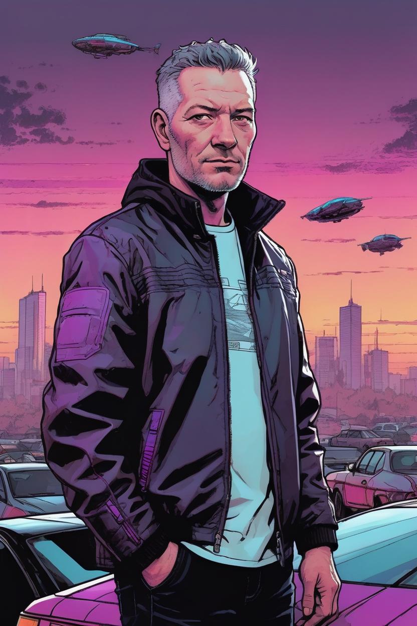 Artificial Intelligence (AI) generated image art, man, portrait, (moebius comic book style), scifi city landscape, illustration, comics, flying cars, cyberpunk, magenta sunset, wearing cool black jacket