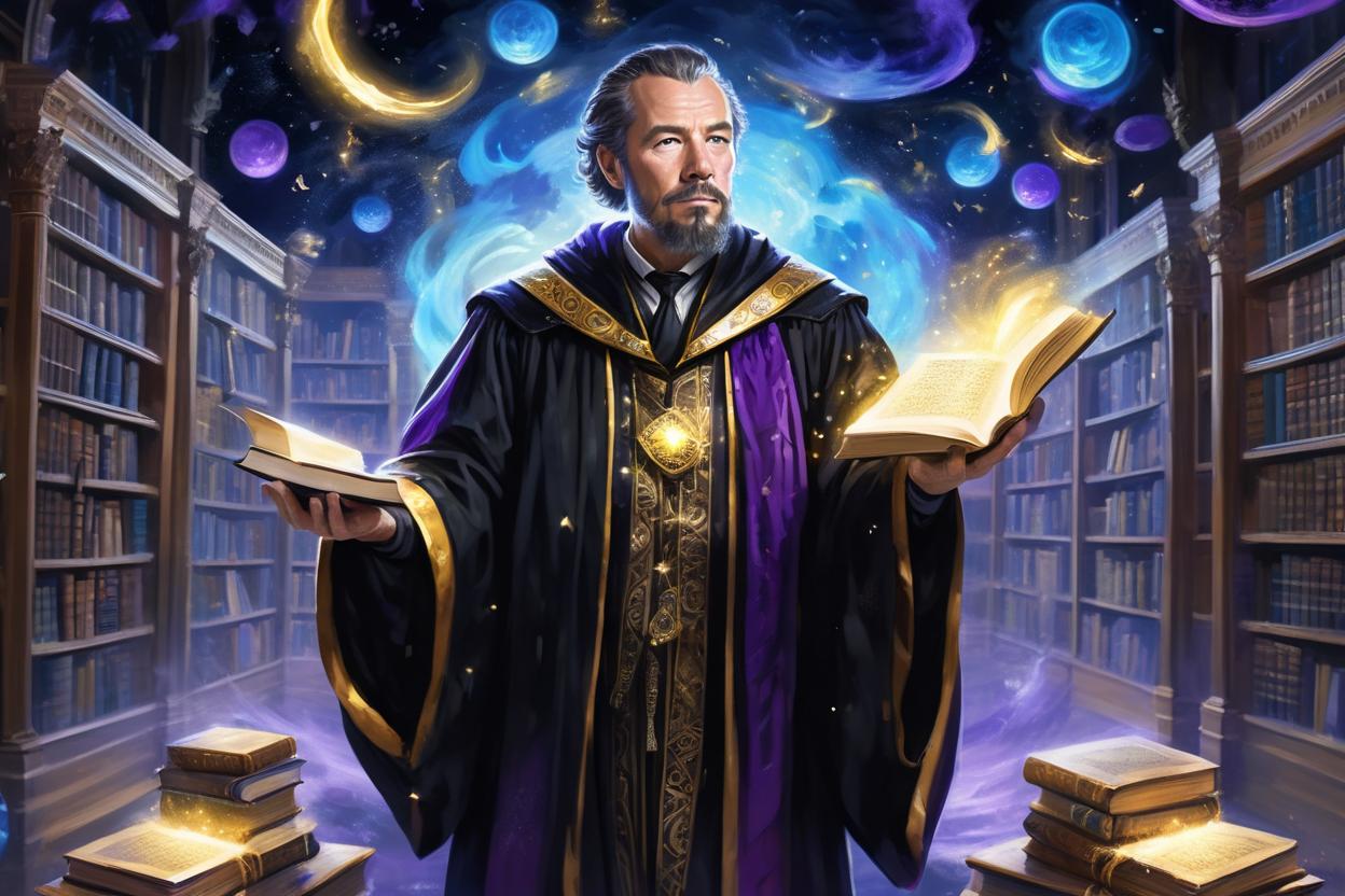 Artificial Intelligence (AI) generated image art, man, an ancient, scholarly wizard, dressed in black and gold robes, surrounded by floating arcane tomes in a mystical library. From the torso up, the walls of the library seem to dissolve into a mesmerizing night sky, filled with twinkling stars and swirling galaxies in shades of royal purple and ice blue. The air crackles with magical energy.