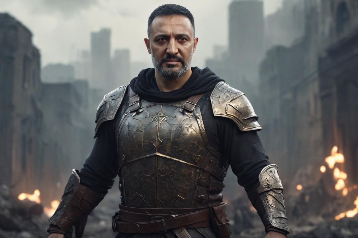 Artificial Intelligence (AI) generated image art, portrait of man as a battle hardened hero, dark, vitruvian man, art by greg rutkowski, detailed, matte painting, trending on artstation
