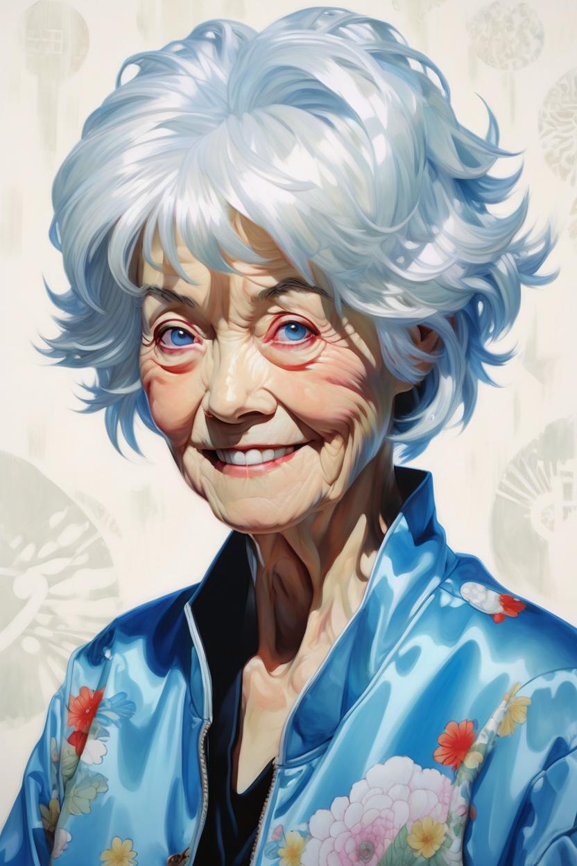 Artificial Intelligence (AI) generated image art, woman, figurative unique features portrait soft light painted by james jean and katsuhiro otomo and erik jones, inspired by akira anime, she is age 70 years old but has a youthful appearance, face feature, intricate oil painting, high detail illustration, sharp high detail, manga and anime, white skin, soft dull blue eyes, short blonde white hair, beautiful older woman, happy, happy birthday