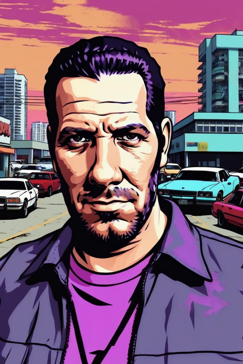 Artificial Intelligence (AI) generated image art, man, gta vice city artwork style