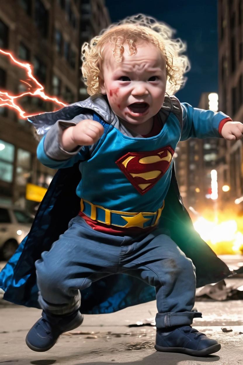 Artificial Intelligence (AI) generated image art, man, keeping his baby face and form, as a superhero fighting off bad guys in the city using supernatural weapons