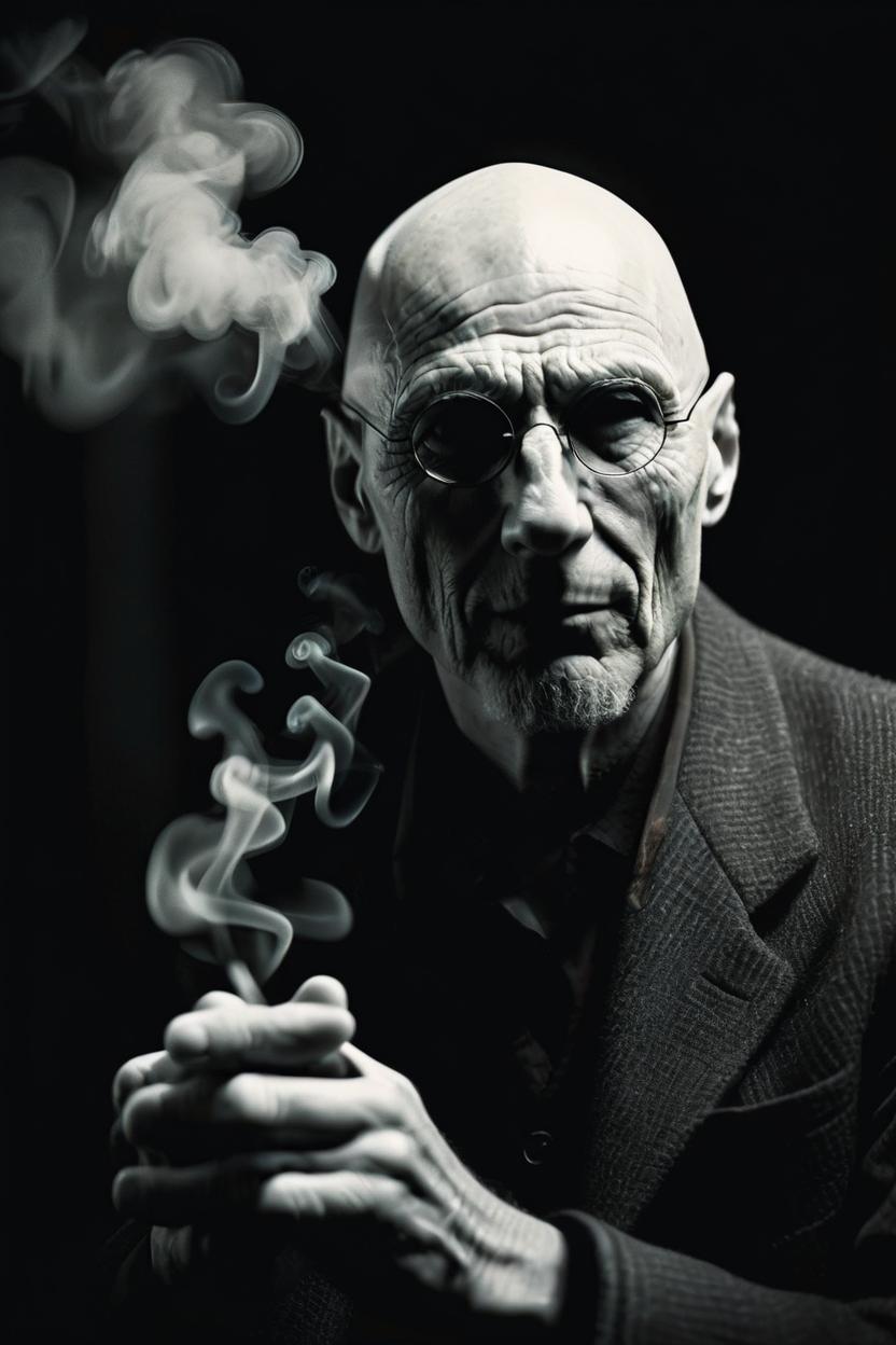 Artificial Intelligence (AI) generated image art, man, mysterious scene of an stoic gentleman, detailed smoke, natural soft radiant skin, innocence, sophisticated hands noir, german expressionism, 20 century photography, old 35mm double-exposure photo, award-winning photography, grainy, cinematic, atmospheric, high contrasted, eerie, sophisticated and unsearchable masterpiece, deep shadows, balanced composition, depth of field, ambient occlusion, motion blur, HD, intricate details, sharp focus, natural textures, long exposure