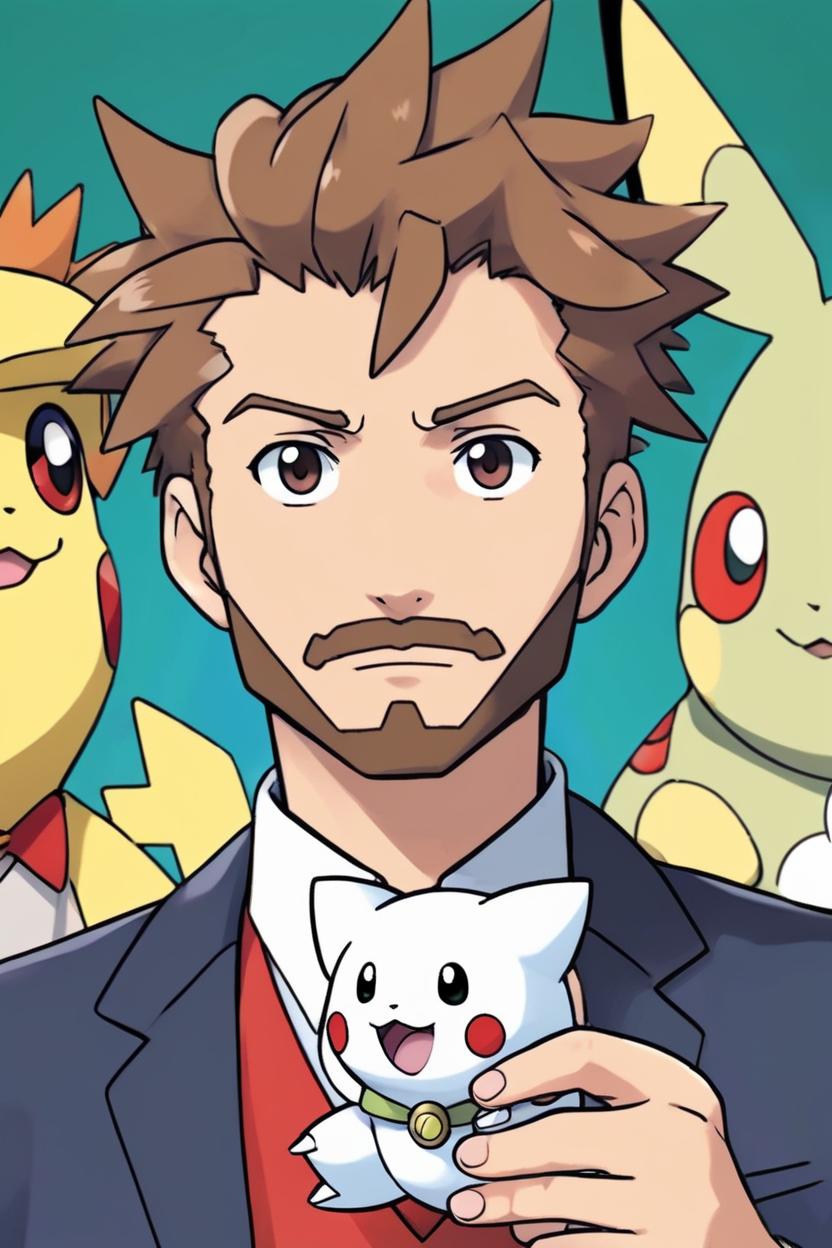Artificial Intelligence (AI) generated image art, man, as Professor Oak from the anime Pokemon, ((anime art)), ((in style of Pokemon anime)), ((2D art)), teaching about Pokemon, holding the pokemon Togepi