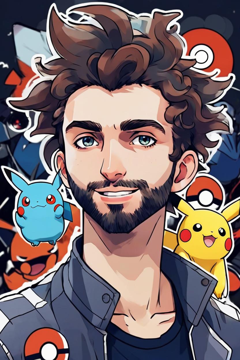 Artificial Intelligence (AI) generated image art, man, in the anime Pokemon, ((anime art)), ((in style of Pokemon anime)), ((2D art))