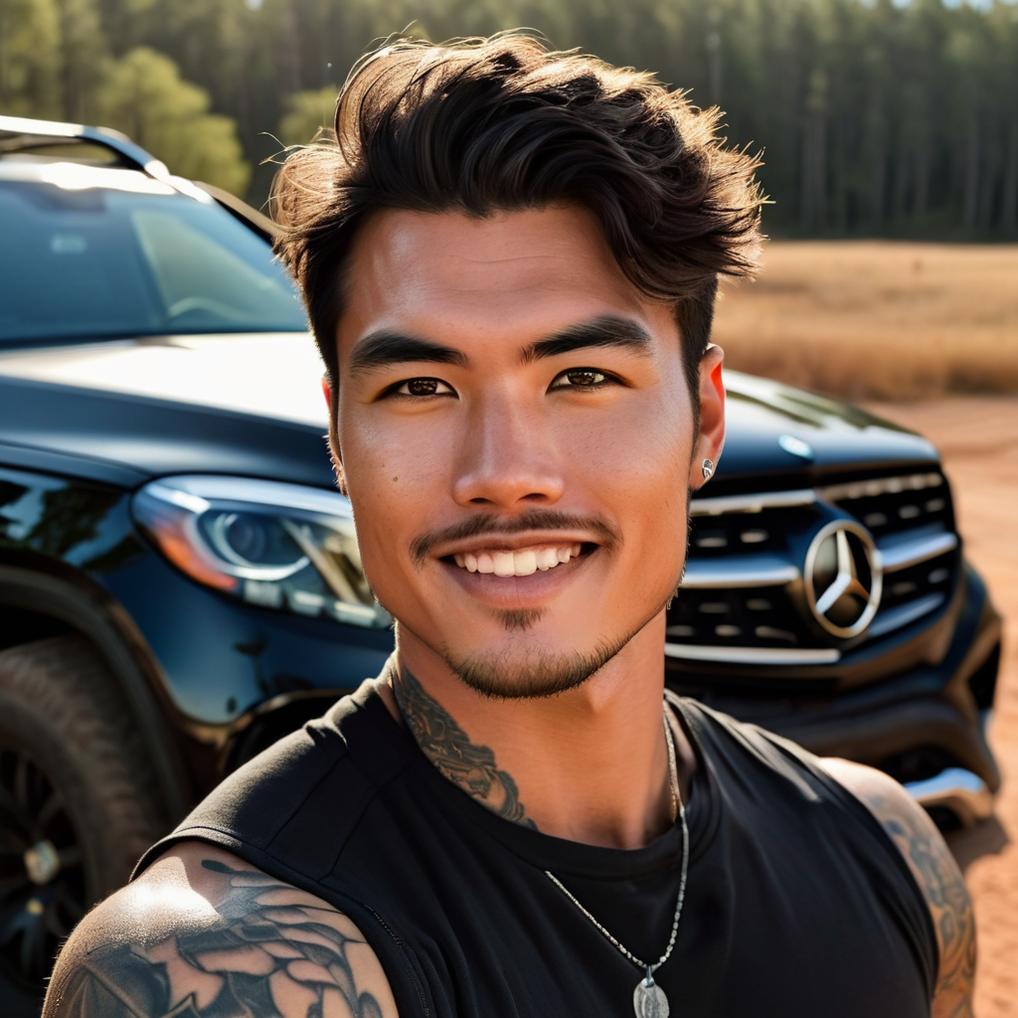 Artificial Intelligence (AI) generated image art, Photorealistic detail, handsome, and beautiful, picture of man in front of a black Mercedes wagon in the evening light of the woods on a dirt road. man is dressed in fashionable outdoor gear. portrait photography, (handsome) man, muscular, beautiful man, strong and healthy man, perfect proportions, detailed, clean, sharp, focus. Shot on Hasselblad H6D-400c lens. man has a slim figure, is strong, incredibly attractive, and appears trustworthy. Picture is upper body shot, projecting warmth, confidence, and approachability. There is excellent lighting, and the face is illuminated well. The soft natural lighting accentuates the subject's perfect features. He has a (detailed face), natural (detailed eyes), and (symmetrical) eyes and facial features. His skin is toned perfectly and is very healthy. The expression is natural in a candid moment, and he appears genuinely happy. A cool tattoo is partially visible on his forearm.