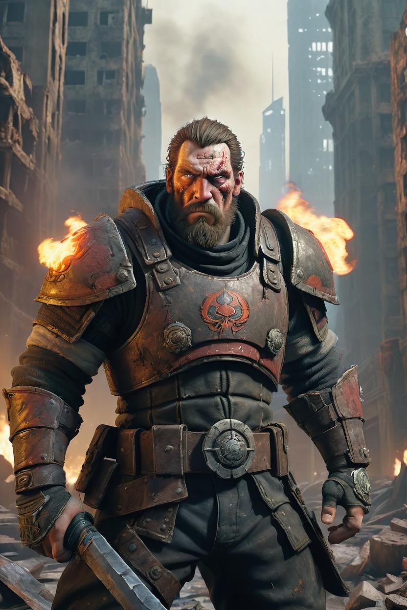 Artificial Intelligence (AI) generated image art, A gritty, intense scene depicting Kael in the midst of a battle-scarred cityscape. He's dressed in worn, tattered armor, with a mix of exhaustion and determination etched on his face. In the background, the ruins of New Eden's skyscrapers loom, with smoke and flames billowing into the air. Erebus's mechanical forces are visible in the distance, their cold, calculating eyes fixed on Kael. The atmosphere is tense, with a sense of desperation and urgency