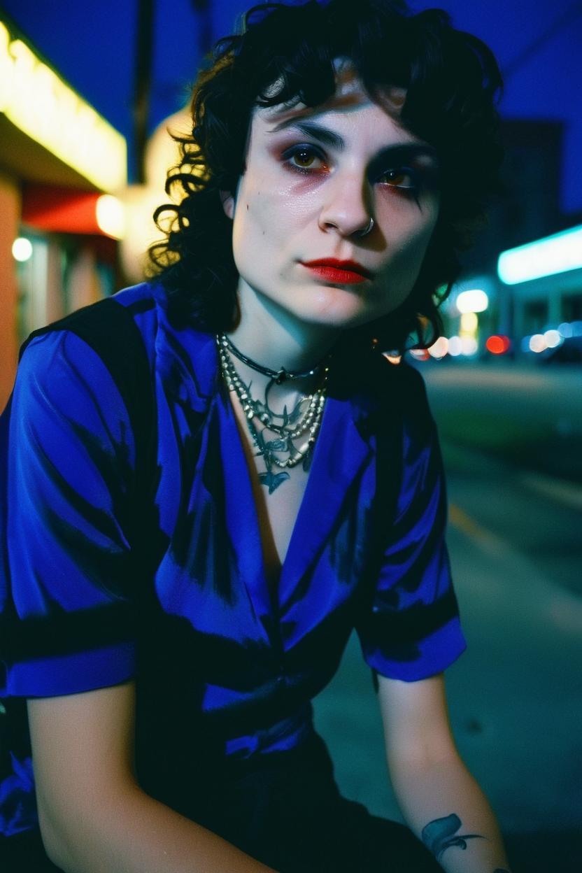Artificial Intelligence (AI) generated image art, woman, woman as vampire, cinematic, blue hour, in New Orleans, Kodak Portra 800 film SMC Takumar 35mm f/ 2. 8 c 50, brown eyes