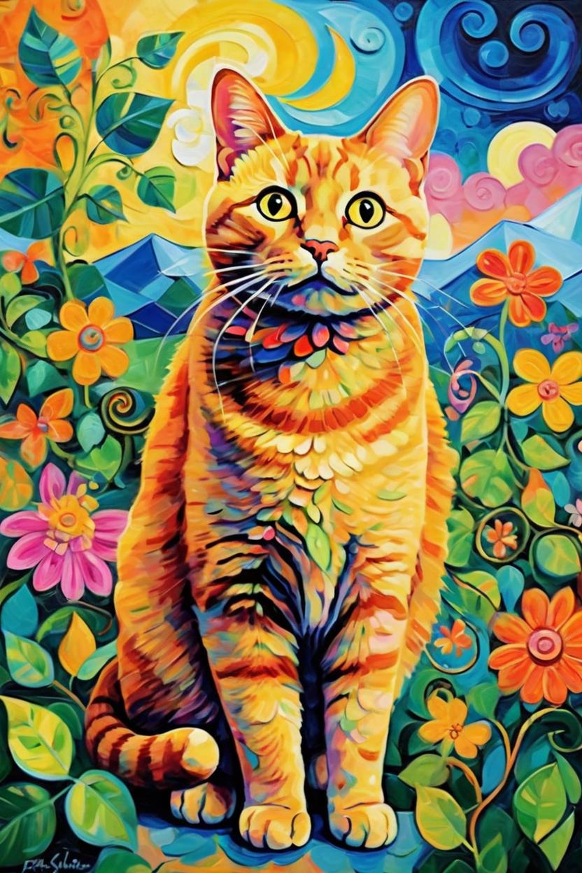 Artificial Intelligence (AI) generated image art, cat,  (oil painting), with vibrant colors and exotic flowers in a lavish full greenery leaves vines in background background, trippy, whimsical, Pablo Picasso art style, swirls, pickles full body landscape mode, yellow orange pink sky behind the happy cat named cat
