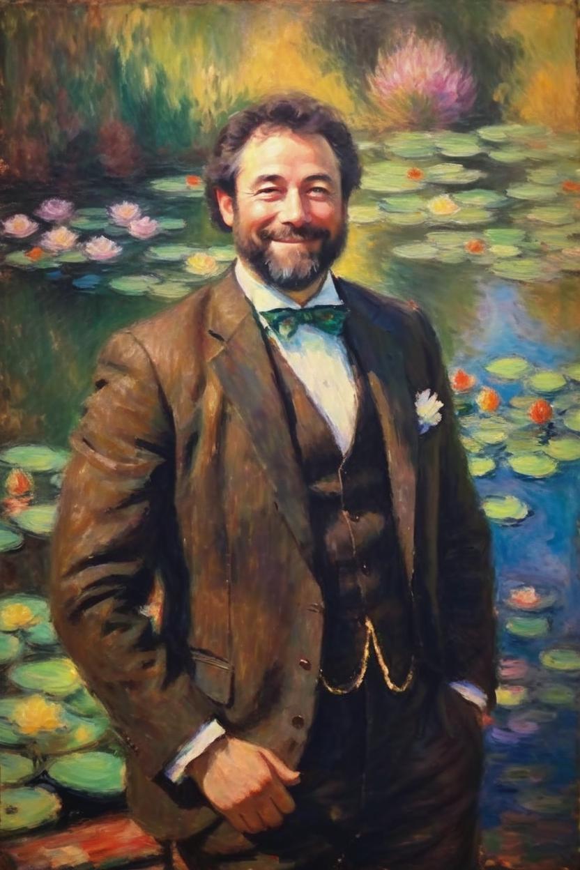 Artificial Intelligence (AI) generated image art, portrait of man as a handsome man, he is 44 years old, he looks happy, peaceful, heavenly atmosphere, vibrant colors, a painting by Claude Monet ,water lilys, brown suit, old fashioned clothes, classic, art,