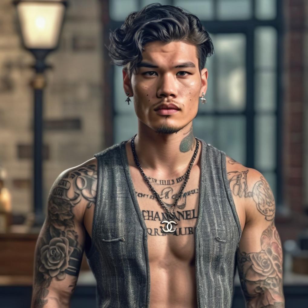 Artificial Intelligence (AI) generated image art, man, as a young handsome male parfum model of chanel, hyperrealistic, hdr, 8k, full body, with tattoo in olde English on the chest