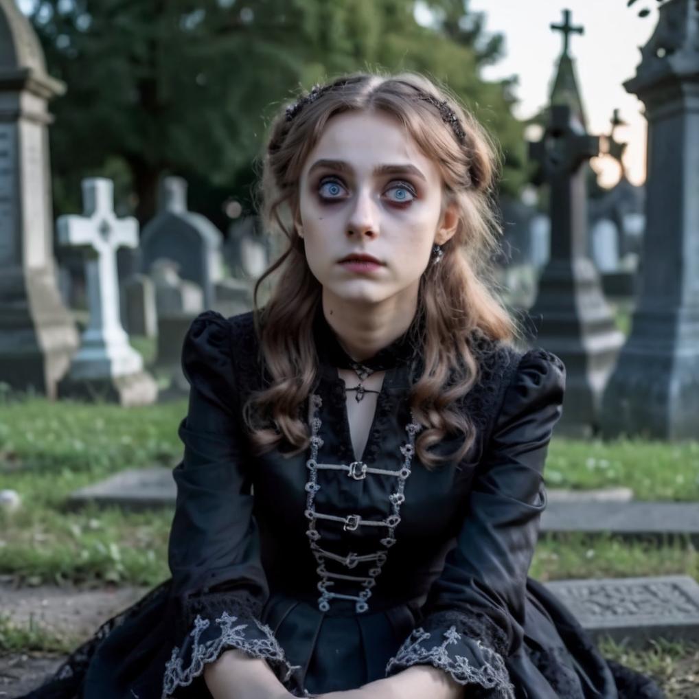 Artificial Intelligence (AI) generated image art, woman, young, 21, cute girl, eyes, feminine, intricate detail, wide angle, ultra detailed, instagram model, 4k, photo, realistic, sitting cross legged on the ground in a cemetery, early evening light, wearing gothic clothing, eerie aesthetic, (photorealistic),