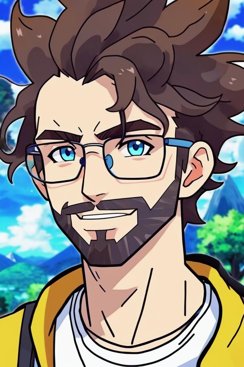 Artificial Intelligence (AI) generated image art, man, in the anime Pokemon, ((anime art)), ((in style of Pokemon anime)), ((2D art))