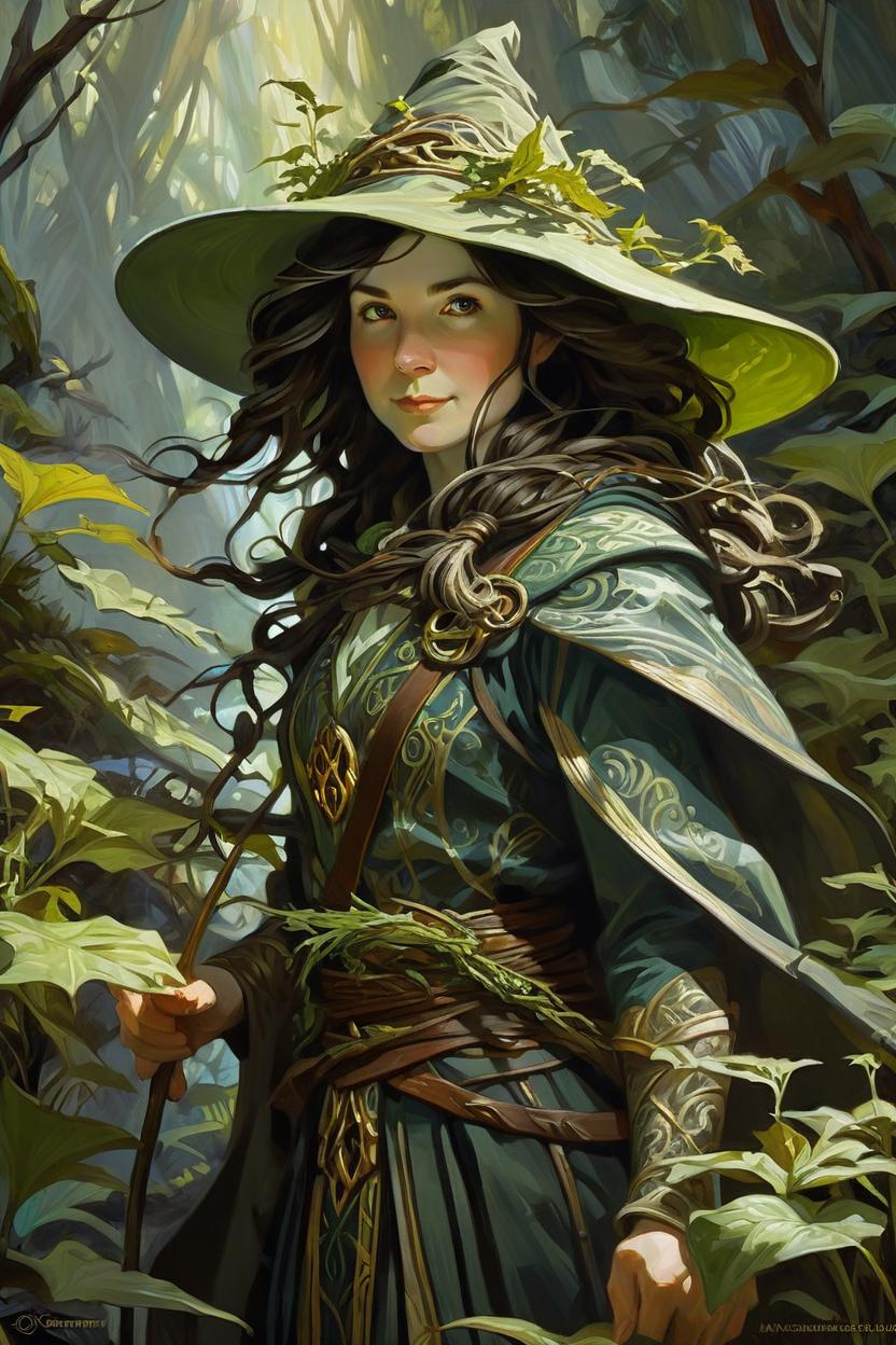 Artificial Intelligence (AI) generated image art, woman, hobbit druid greg manchess painting by sargent and leyendecker, fantasy, medium shot, asymmetrical, intricate, elegant, matte painting, illustration, hearthstone, by rhads, by greg rutkowski, by greg tocchini, by james gilleard, by joe fenton