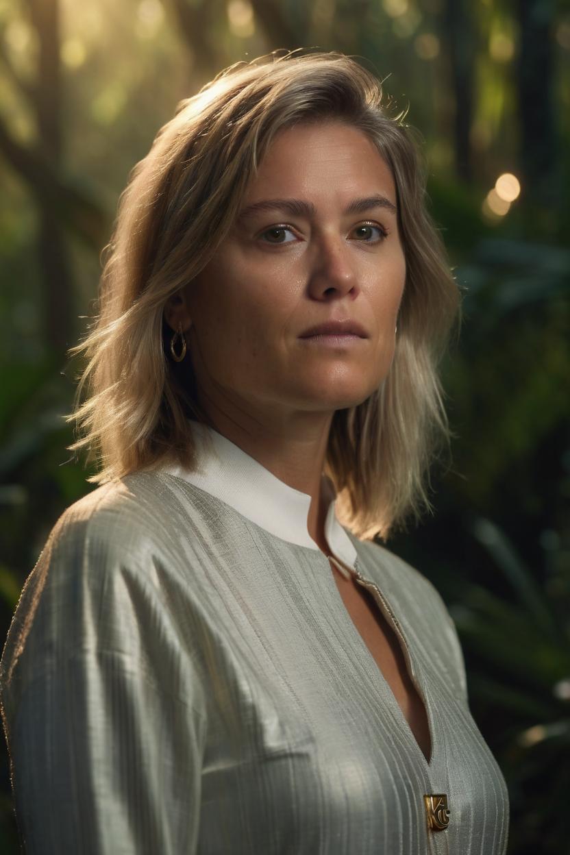 Artificial Intelligence (AI) generated image art, woman, 20 years old, as a Chanel parfum model, very beautiful, portrait, jungle background, epic, cinematic lighting, sunser, 4k, sharp focus, art by greg rutkowski
