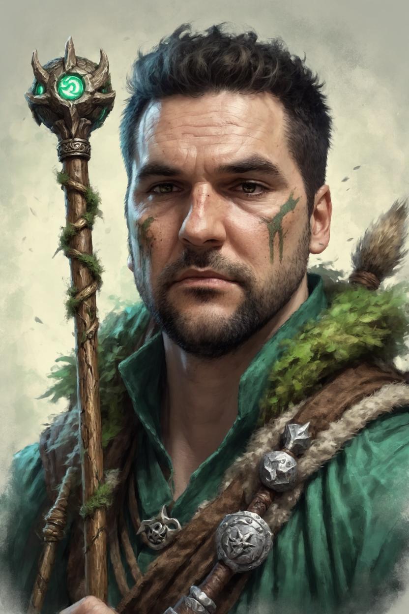 Artificial Intelligence (AI) generated image art, man, portrait, as a fantasy Druid with a staff, battleworn, strong, face accurate