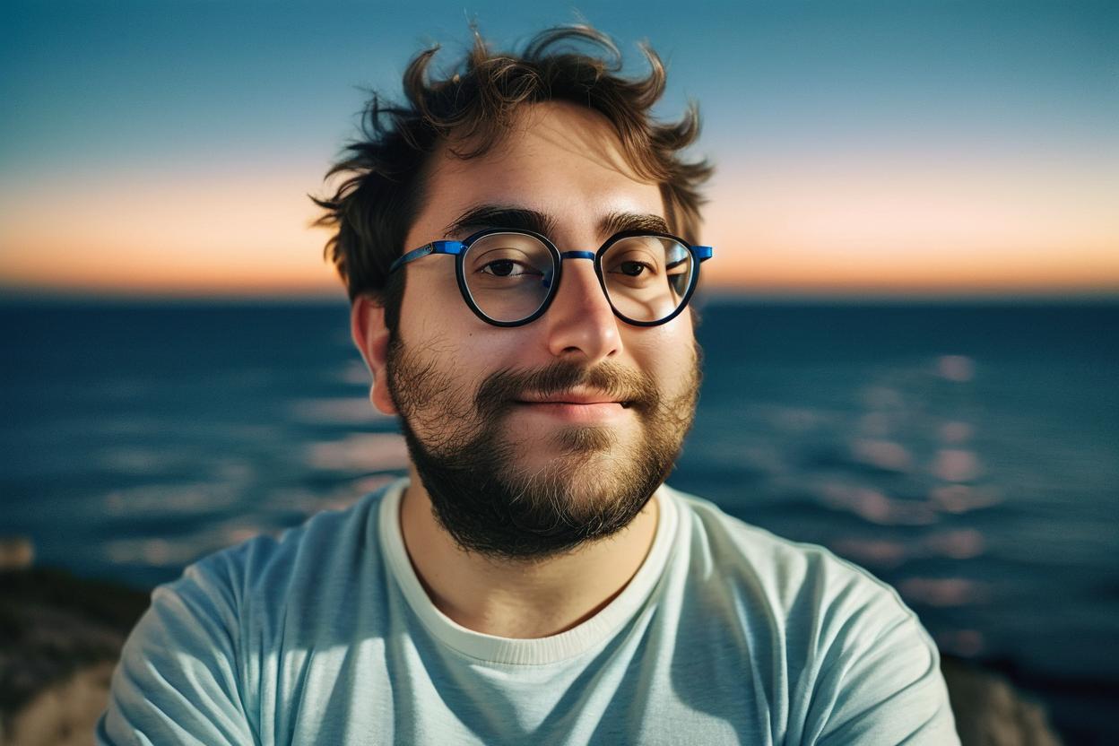 Artificial Intelligence (AI) generated image art, man, potrait, glasses, captured in photorealistic detail, showcasing skin, hair, and clothing textures, shot on 28 mm kodak camera, night, seaside, (natural eyes), tinder photo, cool pose, thinking, seductive and confident look