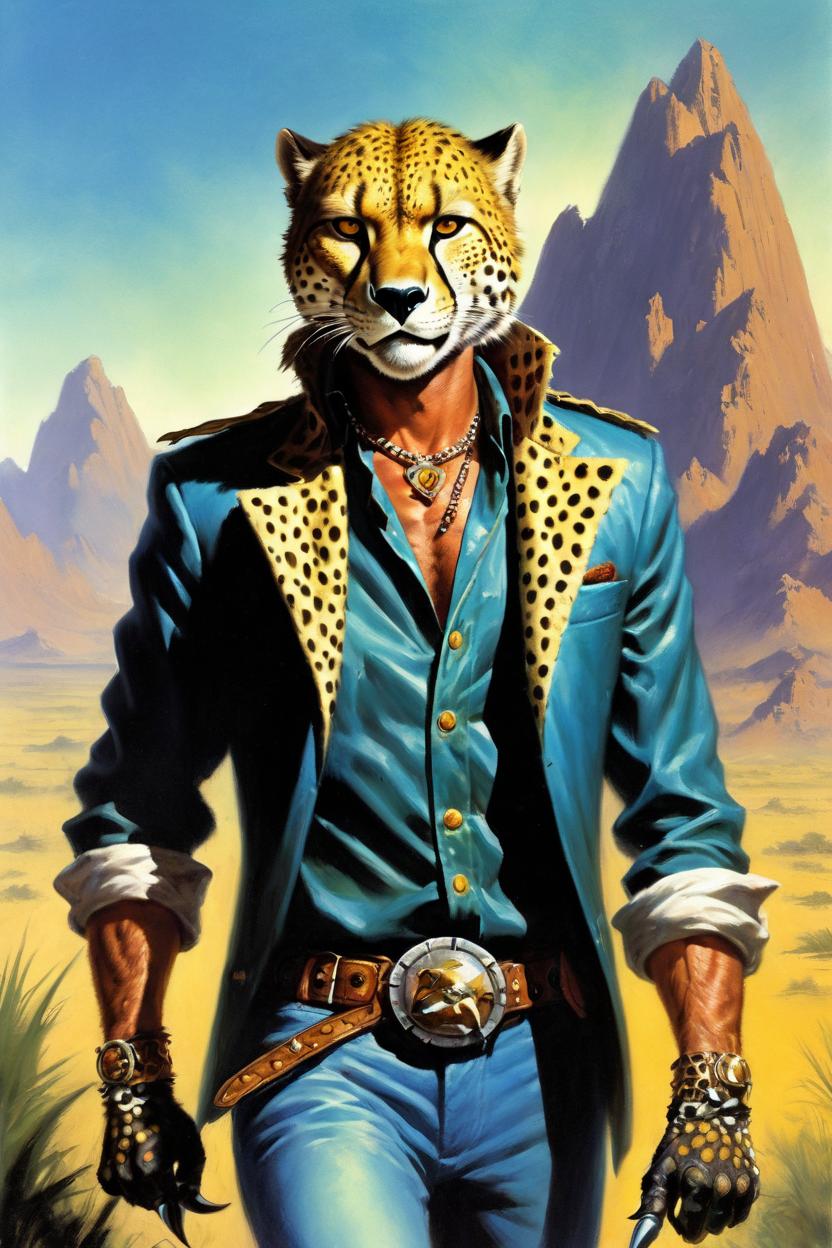 Artificial Intelligence (AI) generated image art, (classic fantasy pulp book cover art), (man) as fantasy tabaxi cheetah man, dnd tabaxi, illustration, art by Boris Vallejo, 80s fantasy art, portrait, landscape