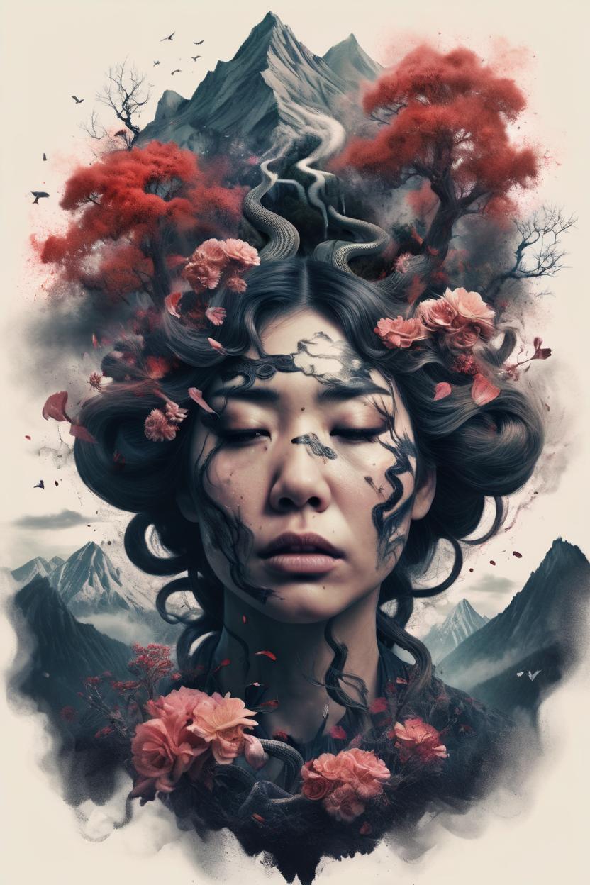 Artificial Intelligence (AI) generated image art, Black snakes exploding out a woman head, crying blood, trees, flowers, mountain, midnight, nature mind, expressive creative art, surrealistic concept art, ethereal landscape in a cloud of magic coming out the top of a human head, incredible details, high-quality, flawless composition, masterpiece, behance, by Marco Mazzoni, ink wash