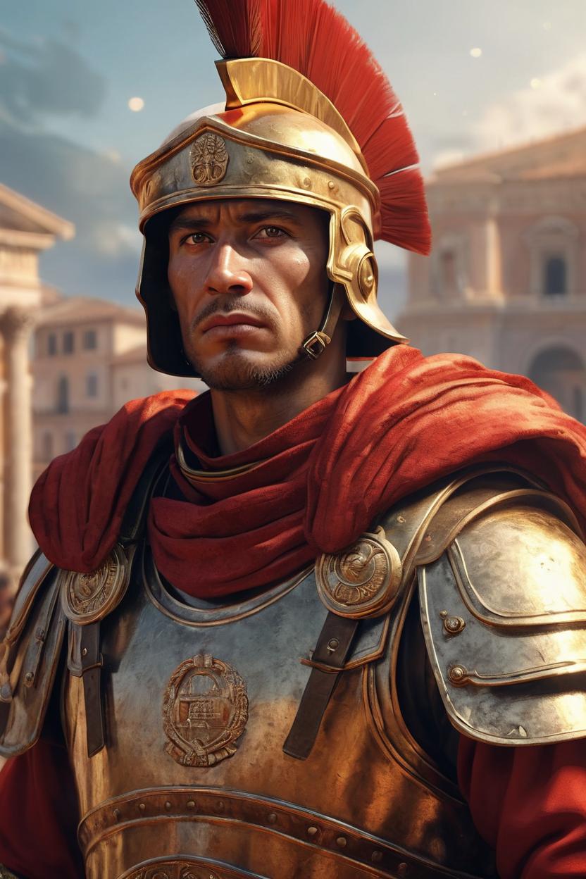 Artificial Intelligence (AI) generated image art, man, as a roman soldier, ((portrait)), elegant, photorealistic, highly detailed, artstation, smooth, red and gold roman soldier outfit, smooth lighting, rome background, sci-fi, art by Klimt