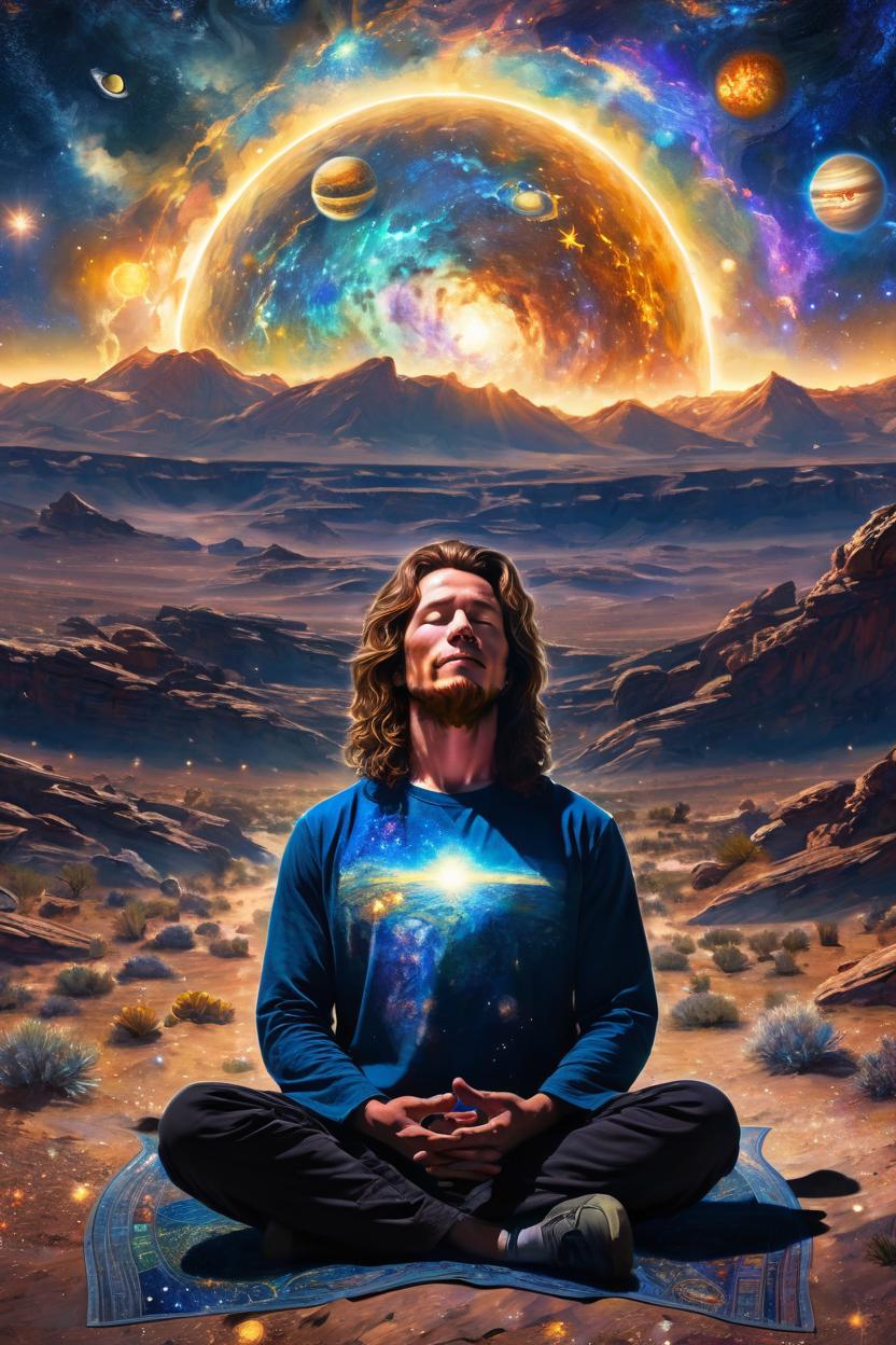 Artificial Intelligence (AI) generated image art, Panorama shot of colton ((man)) who is meditating in the wide open space of the universe. The Milky way, Suns and planets are seen. Highly detailed. In the style of art by greg rutkowski, man is covered in light. Cinematic and epic, realistic portrait, colorful, magical, realistic