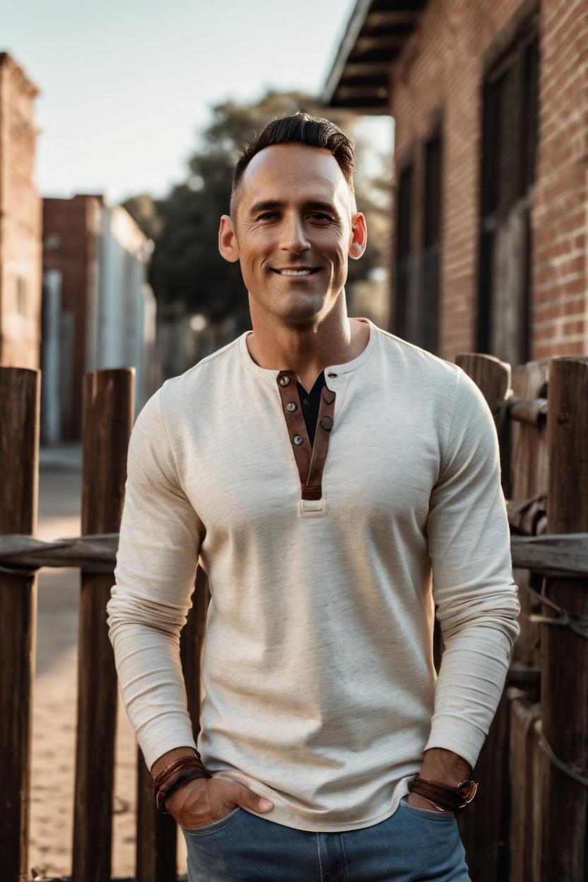 Artificial Intelligence (AI) generated image art, man, 39 years old, Wearing a Henley shirt in oatmeal, long sleeves, and a buttoned placket. The top is made of thermal knit and includes a waffle texture. It features a fitted form and is hip-length, accentuated with a curved hem. Paired with distressed jeans in light blue. These bottoms are slim fit with a low-rise and made of soft denim. They include ripped detailing and frayed hems. Completing the look with canvas sneakers in off-white, featuring a lace-up design. Accessories include a cuff leather bracelet and a vintage leather satchel in tan, adding a bohemian flair. Leaning against a rustic wooden fence, during the soft afternoon sunlight. Extremely detailed photograph, stunning quality, beautiful lighting, creating a masterpiece, award-winning photograph