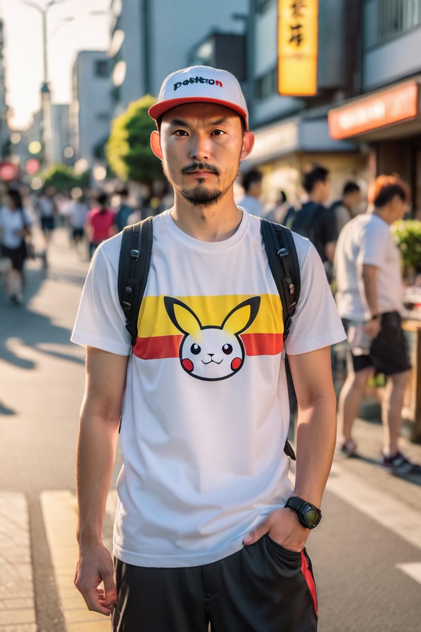 Artificial Intelligence (AI) generated image art, man Portrait ultra-realistic, photographed on Nikon D850qq,Q highlighting the 45.7MP resolution and its spectacular 153-point autofocus system, real life adaptation of pokemon trainer, sunset, spring, japan town,tokyo, dressed as pokemon trainer, white t-shirt. 8k graphics ultra realistic