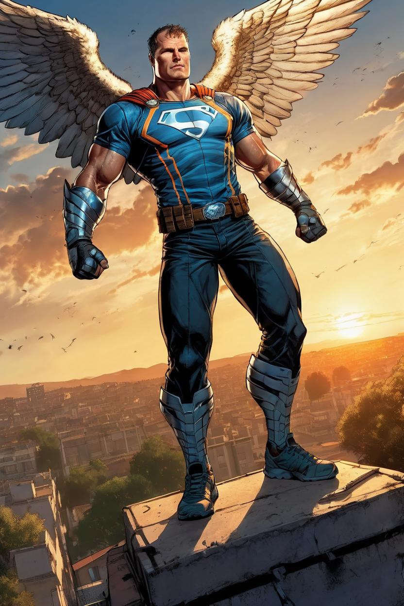 Artificial Intelligence (AI) generated image art, man, (comic book style), illustration, DC comics, superhero comics, avenging angel, muscular, at rest, full body, (leave space above head), dramatic sunset, caustics, digital, epic scene, by gaston bussiere, bayard wu, greg rutkowski, giger, maxim verehin