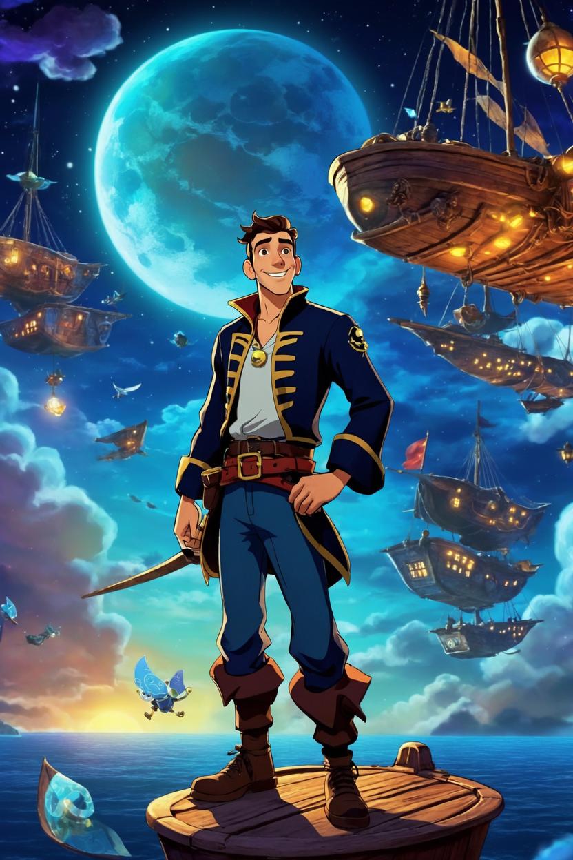 Artificial Intelligence (AI) generated image art, man, as a space pirate, night sky background, flying boats, Inspired by Disney’s “Treasure Planet”, art uses “70/30 Rule”, animated film, dynamic lighting, art by Ron Clements, art by Andy Gaskill,