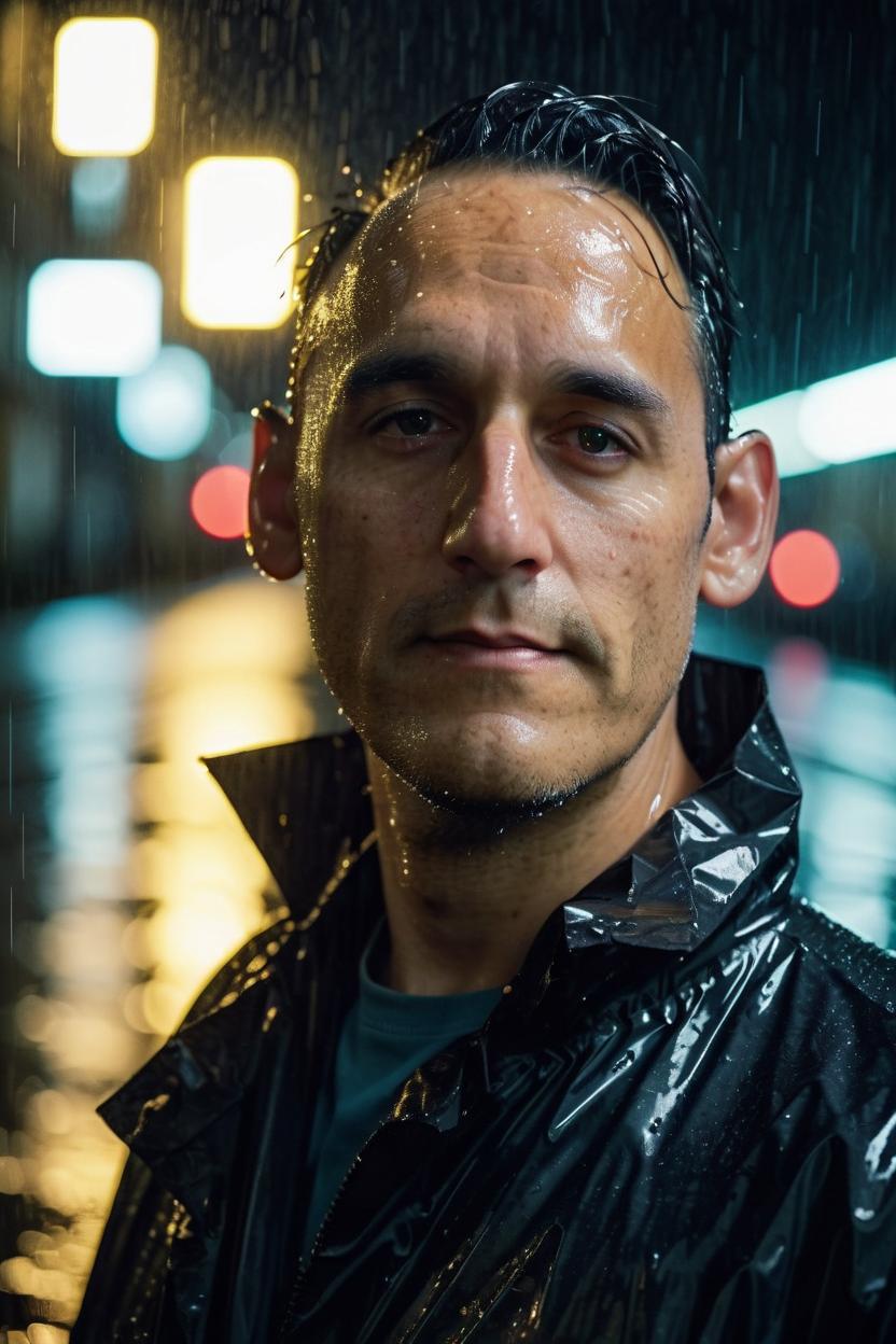 Artificial Intelligence (AI) generated image art, man portrait, shot on 28 mm kodak camera, night light, rain, (wet hair), wet raincoat, (glowing, smooth face), (realistic eyes), mysterious atmosphere, highly detailed