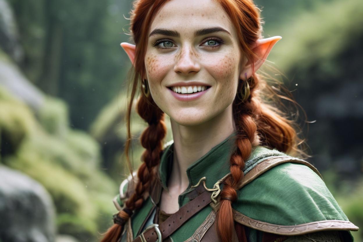 Artificial Intelligence (AI) generated image art, woman, as a half-elf ranger smiling with freckles