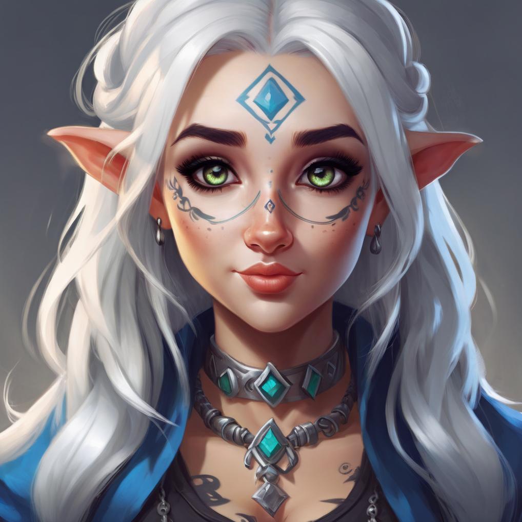 Artificial Intelligence (AI) generated image art, cute little anthropomorphic woman, cute and adorable, pretty, beautiful, dnd character art portrait, matte fantasy painting, deviantart artstation, by jason felix by steve argyle by tyler jacobson by peter mohrbacher, bard, (symmetrical body and face tattoos), white hair