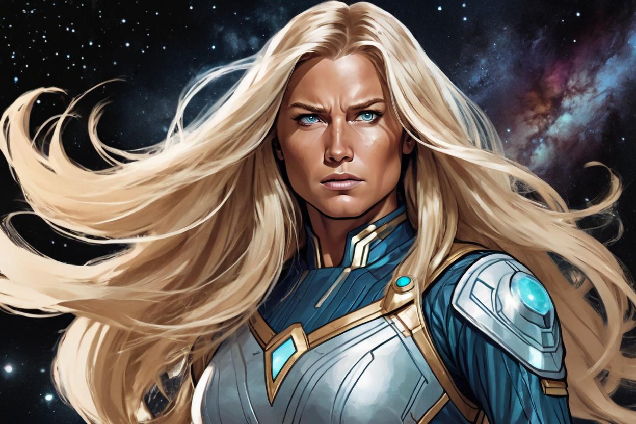 Artificial Intelligence (AI) generated image art, woman as galaxy empress, long flowy blond hair, tan skin, fighting in galactical wars, artistic illustration, majestic figure, comic style
