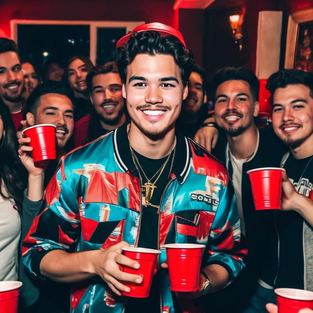Artificial Intelligence (AI) generated image art, johns is the life of the party in this hyper-realistic candid photo, johns has a natural smile and surrounded by friends with red solo cups. man has a natural and detailed handsome face, with thick eyebrows. The crazy party is in a luxurious mansion, and everyone is wearing cool hip hop clothing. it is night, but the party is well lit by colorful lens.