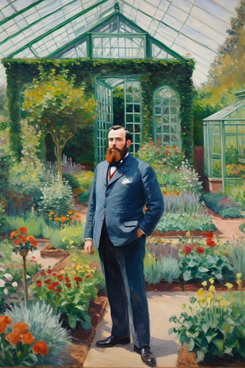 Artificial Intelligence (AI) generated image art, man, portrait, as prestigious nobleman, in a garden with a greenhouse, painting, by Claude Monet