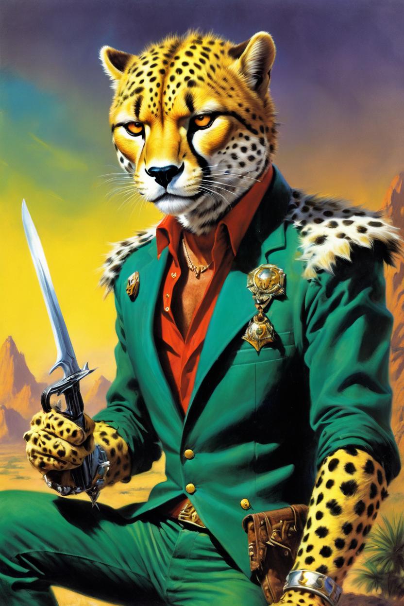 Artificial Intelligence (AI) generated image art, (classic fantasy pulp book cover art), (man) as fantasy tabaxi cheetah man, dnd tabaxi, illustration, art by Boris Vallejo, 80s fantasy art, portrait, landscape
