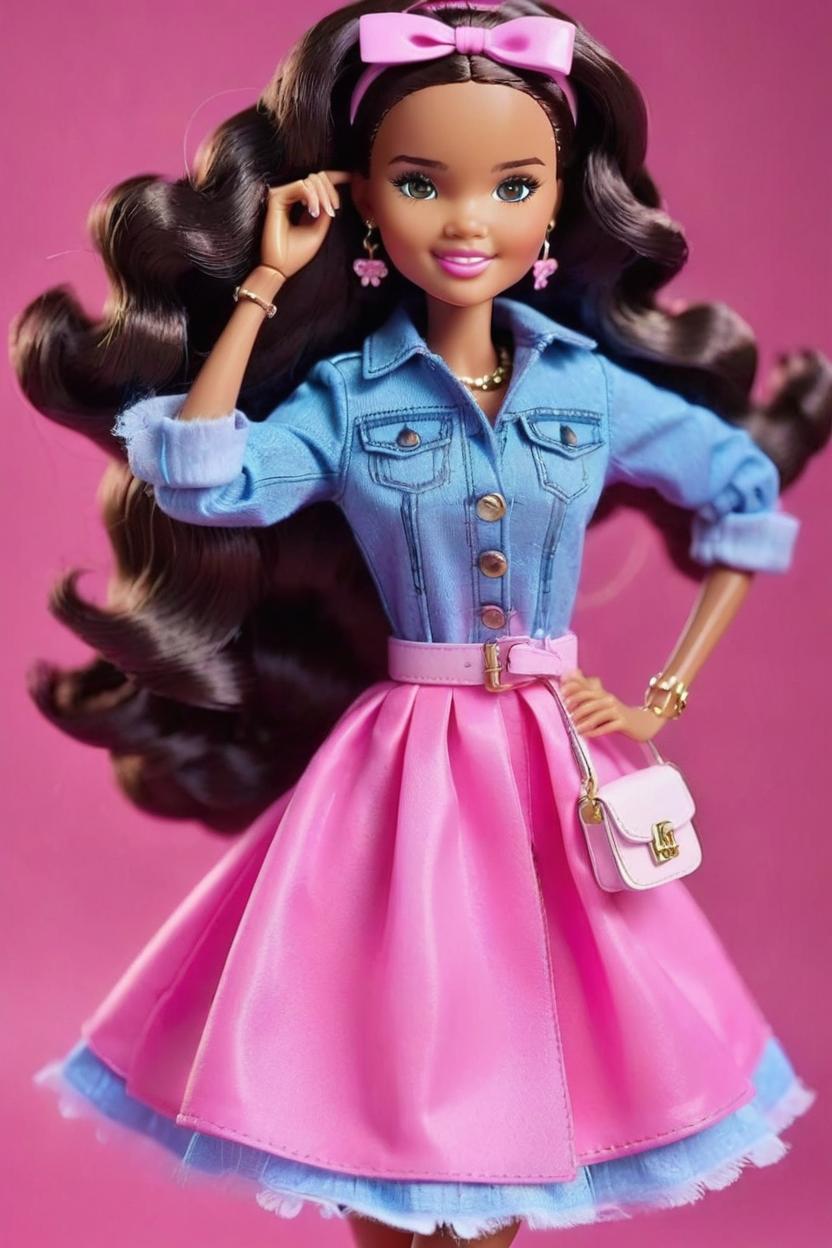 Artificial Intelligence (AI) generated image art, woman,transform into a cartoon-like barbie her skin should be a beautiful shade of brown she should wear barbie's iconic pink dress with stylish accessories and matching shoes ensure her hair is long and flowing like barbie's and her eyes are bright and expressive capturing the fun and glamorous essence of barbie keep her appearance youthful and childlike the image should be full body with a backdrop that reflects barbie's fashionable and playful world highlighting her as a chic and confident character