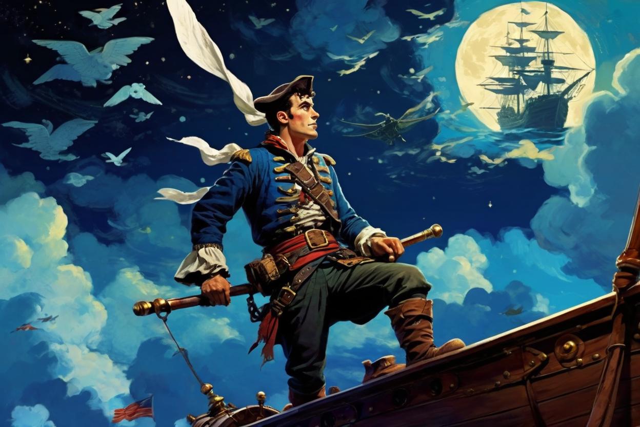 Artificial Intelligence (AI) generated image art, man, as a sky pirate, 2D animation, 3D night sky background, flying ship, epic, art by Howard Pyle and N.C. Wyeth