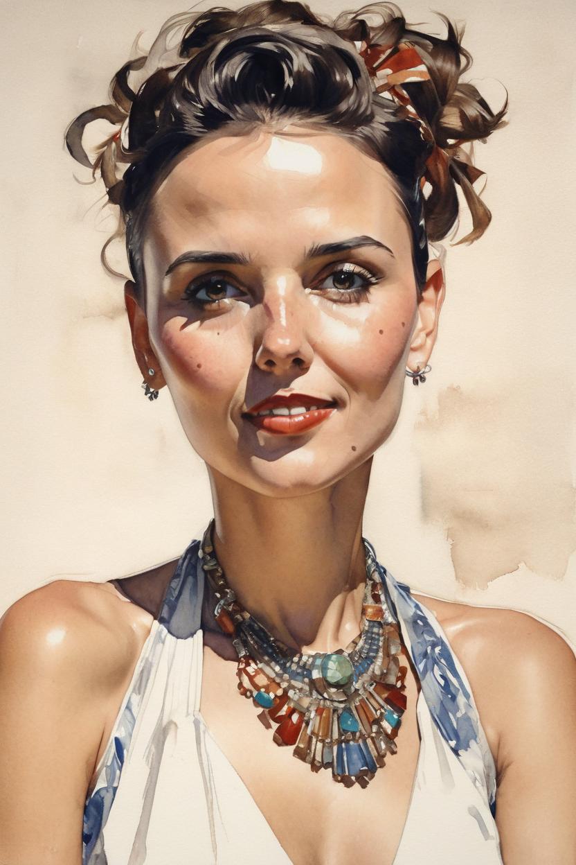 Artificial Intelligence (AI) generated image art, Watercolor painting of woman by J.C. Leyendecker, upper body, wearing an unbottoned shirt, fashionable, brunette, 1950s